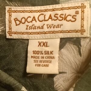 NWOT BOCA CLASSICS silk olive tropical shirt w floral/automotive print XXL